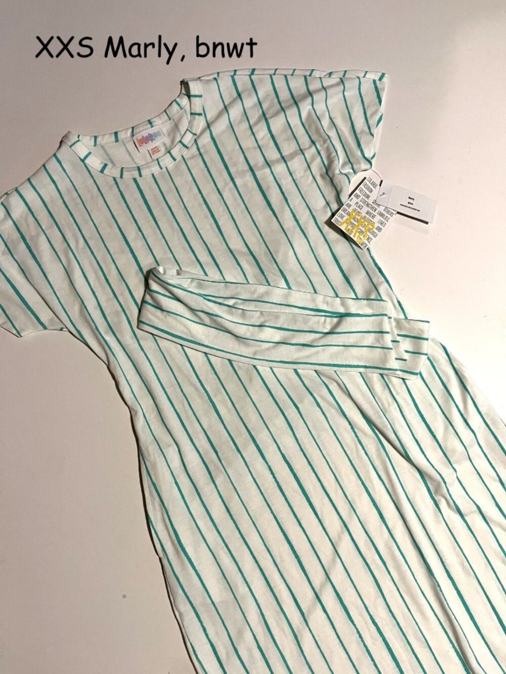 XXS Lularoe Marly dress with tie belt, white with green stripes